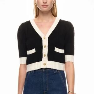 CeCe Black White Crop Cardigan Sweater SMALL Preppy Short Sleeve Career $69